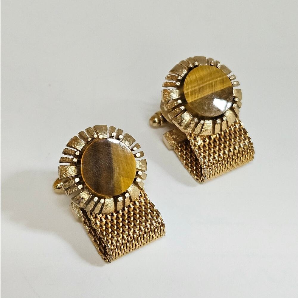 Vintage MCM Dante Tiger Eye Mesh Wrap Cufflinks | Quiet Luxury Gold Tone